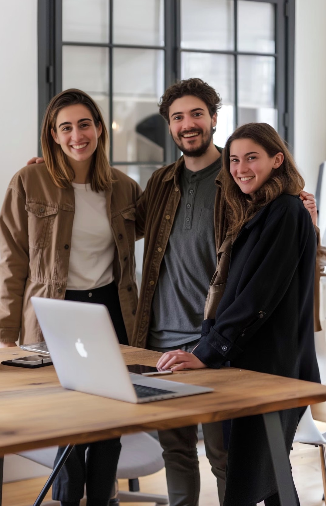Three colleagues in front of a desk with a laptop, all smiling and looking at the camera.