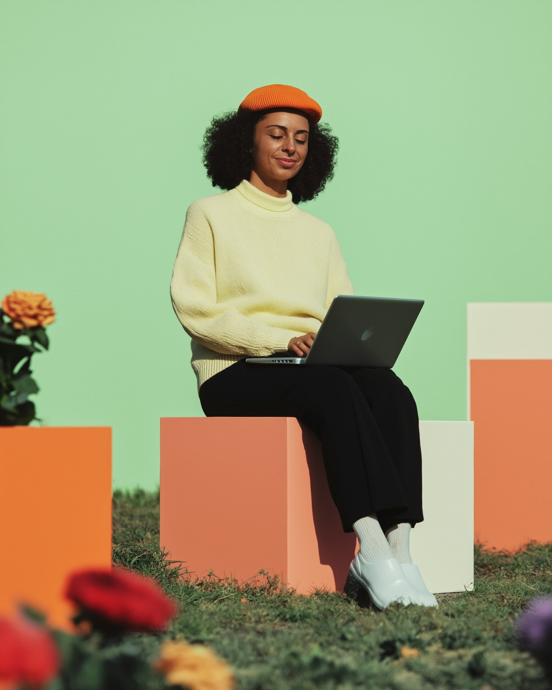 A woman it on a cube in a green screen studio with many other cubes around her. The ground is covered by artificial moss and rose bushes. She has a laptop in her lap, with both hand on the keyboard, and is looking down.